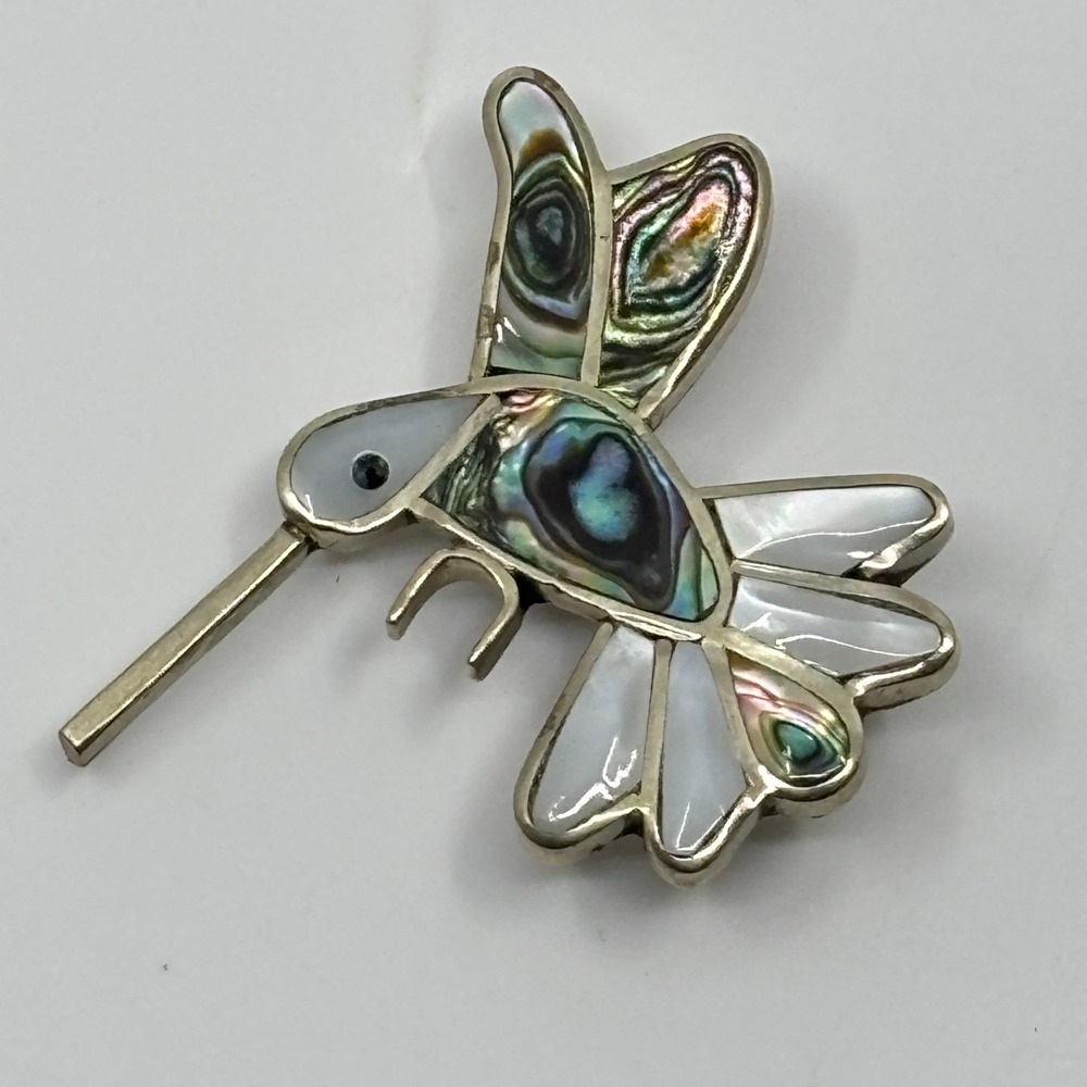 Vintage Alpaca Mexico Abalone Mother of Pearl Hummingbird‎ Brooch Pendant